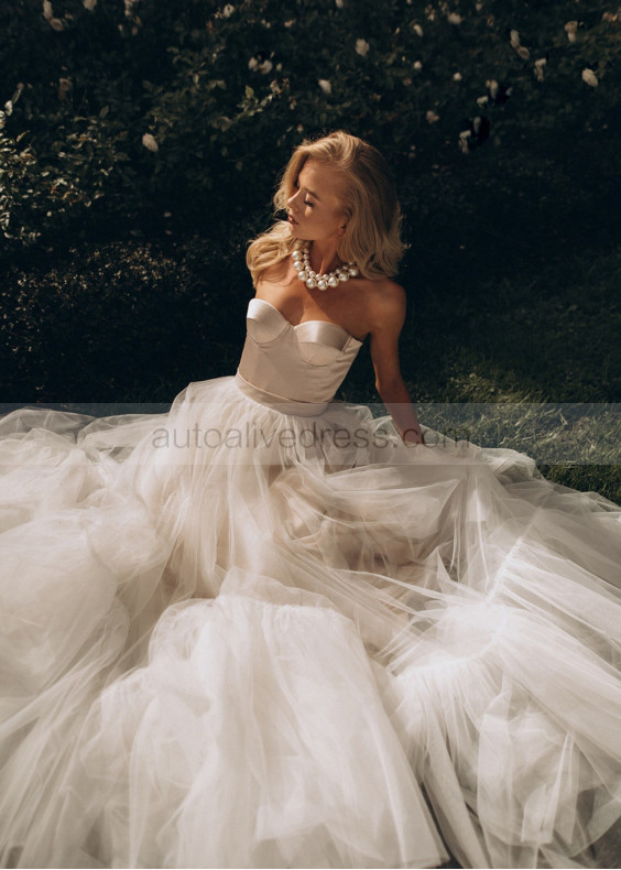 Two Piece Blush Satin Ivory Tulle Fashionable Wedding Dress